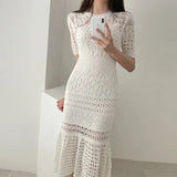 Hollow Out Women Knit Short Sleeve High Waist Bandage With Vest Midi Female Fashion Chic