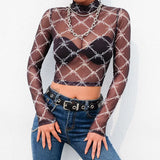 Zingj Transparent Sexy Top High Collar Long Sleeve T-Shirt Hot Gauze Thorn Print Perspective Black T-Shirt In Stock-Outfit