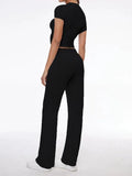 Short Sleeve Cropped Top Straight Leg Pants Set- Outfit