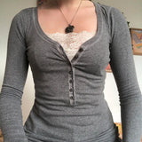 Patchwork Lace Buttoned Long Sleeve TeeOutfit