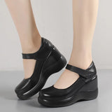 And Autumn Women's Shoes Thick Bottom Slope And Shallow Single Shoes High Heels Ladies Leather Shoes Magic Stick Round Head Loose Cake Middle-Naught Mother