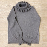 Kawaii Ruffle High Collar Sweater Women Japanese Vintage Soft Girl Lantern Sleeve Cute Lolita Knitted Jumper