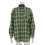 Zingj Style Versatile Lapel Loose Shirt 2024 Spring And Autumn Plaid Long Sleeve Pocket-Outfit