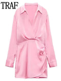 Pink Satin Dress Woman Wrap Short Dresses For Women 2022 Long Sleeve Mini White Dress Lady Fashion Elegant Party
