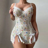 White Floral Print Baby Doll Night Dress Lingerie- Outfit