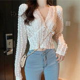 Spring New Korean Style Short White Lace Shirt Women V-neck Long Sleeve Cardigan Vintage Women Blouses Elegant Blusas