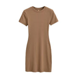 Zingj Trendy Women's Dress With Round Neck And Short Sleeves Is A New Slim And Pure Color Waist-Hip Skirt In