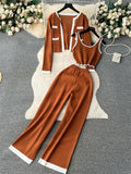 Autumn Knitted Three Pieces Sets 2023 Slim Tank Top+Long Sleeves Short Cardigan+Elastic Long Pants Fashion Sweater