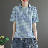 Shirts Women Summer Casual Plaid Tops New 2020 Korean Style Turn-down Collar Female Vintage Blouse High Quality