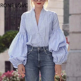 Women Chic Striped Long Lantern Sleeves Deep V Neck Button Working Blouse
