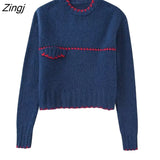 New Women Fashion Contrast Color Stitching Crochet Short Knitting Sweater Female Chic Red Line Pullovers Tops