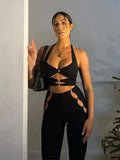 Women Hollow Out Black Crop Tank Tops High Waist Long Pants Two Piece Set Suit Outfit 2022 Summer Clothes Wholesale