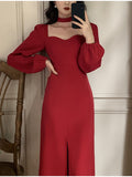 Autumn Long Lantern Sleeves Women Elegant Party Midi Dress Female Fashion Lady One Piece Clothes