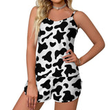 Spring And Summer Hot Selling Cow Print Satin Pajamas Shorts Suspenders Can Be Worn Outside Two
