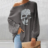 Spring Casual Loose O Neck Glitter Skeleton Long Lantern Sleeve Women Tops Over Size Clothes Ladies Lounge Shirt