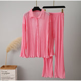 Women's Shirt Pleated Two Piece Set Loose High Waist Wide Leg Pants Suit 2022 Casual Elegant Office Ladies Female
