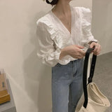 Blouses Shirts Spring Female Tops V-neck Ruffles Solid Elegant French Fashion Cozy High Quality Chic Ins Daily Date