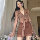 Zingj Girl Long Sleeve T-Shirt Female New Outside Wear V-Neck Perspective Strap Exposed Navel Slim Slim Cardigan Horn Sleeve Jacket-Outfit