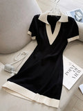 Zingj Summer Polo Collar Short Sleeve Knitted Dress Women Korean Fashion Casual Straight Loose Knitting Short Dresses 211-0-Outfit
