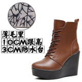 Head 12Cm High Slope And Waterproof Table Mid-Sleevel Boots With Side Zipper Women's Boots Pine Cake Plus Velvet Winter Warm Leather