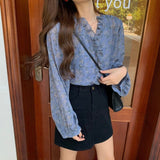 Print Women Shirt V-neck Chiffon Blouse Long Sleeve Women Tops Autumn Blusa Chic Cardigan Loose Chemisier Femme