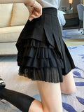 Sexy Mesh Patchwork Pleated Skirt Women Fashion High Waist A Line Mini Skirt Korean Preppy Style Student Dance Skirt