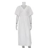 Zingj Women's Summer New V-Neck Short-Sleeve Tie Dress French Commuter Solid Color Dress-Outfit