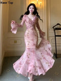 Mermaid Flare Sleeve Long Dresses Vintage Sexy Bodycon Pink Print Evening Club Robe Women Spring Summer