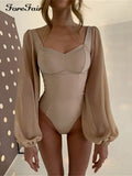 2022 Summer Puff Long Sleeve Bodycon Top White Sexy Party Club Outfit Autumn High Waist Body Top Bodysuit Women