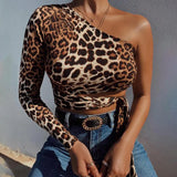 One Shoulder Cropped Tops Hollow out Leopard Print Lace up T-shirts for Women Slim Fashion Autumn Winter