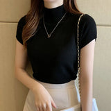 Turtleneck Solid Color Summer Basic Tee Shirt Women Casual Slim Knitted T Shirts