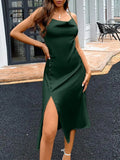 Cowl Neck Spaghetti Strap Midi Vestidos Satin Buttons Slit Hem Sexy Bodycon Robes Fashion Women Streetwar Party