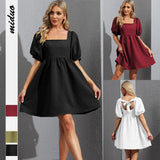Women's Square Collar Lantern Short Sleeve Lace-up Backless Fashion Brand Elegant Dress