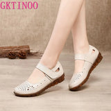 Genuine Leather Ladies Flat Summer Shoes Woman Slip On Casual Loafers Hollow Out Round Toe Soft Comfort Sandals