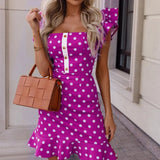 Women Sexy Square Collar Button-up Short Party Dress Summer Flying Sleeve Ruffle Slim Mini Dress Fashion Polka Dot Office