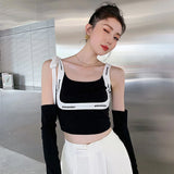 Black Crop Tank Top Women 2021 Camisole Tie Summer Top Backless Letter Print Square Neck Spaghetti Strap Basic