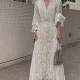 2022 Summer Vintage Women Long Dress Puff Sleeve Embroidery White Lace Vocation Maxi Beach