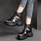 New Fish Mouth Roman Sandals With Thick Soles Raised Open Toe Cool Boots Women's Retro High Top Hollowed-Out Muffin Sandals