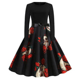 Women Pumpkin Print Party Dress Black Streetwear Gothic Long Sleeve O Neck Vintage Casual Robe Femme Halloween