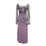 Dizzling U-Neck Rope Long-Sleeved Mesh Yarn Coat + Sling On The Back Of The Long Dress Two Sets