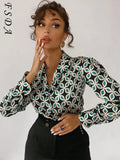 2021 Vintage Print Elegant Blouse Shirts Women Long Sleeve Green Turn Down Autumn Winter Y2K Casual Top Shirt Lady