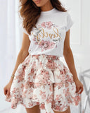 Summer Dresses Women Floral Letter Print T-shirt & Layered Ruffles Skirt Two Piece Set Casual Mini Dress