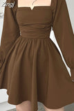 Square Neck Brown Ruched Long Sleeve Women Dresses Korean Fashion Solid Autumn Pleated Dress Party French Retro