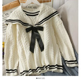 White Kawaii Sweater Women Autumn Winter Preppy Cute Oversized Knitted Sailor Collar Sweet Soft Girl Pullover Jumper