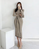 Dress With Belt Vintage Patchwork Slim Knitted Midi Dresses Women Autumn Winter Elegant Sweater Knit Dress 2021