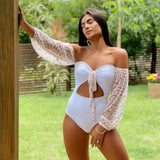 One Piece Swimsuit Female 2021 Long Sleeve Swimwear Women Plus Size Bathing Suit Print Bandage Summer Bathers