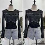 Vintage Spice Girls Stomee Net Yarn Sexy Perspective Drawstring Long-Sleeved T-Shirt Top
