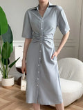 Summer Elegant Casual Midi Shirt Dress Short Sleeve Vintage Pleated Party Black Vestidos Female Fashion Korean