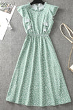 Women Summer Polka Dot Chiffon Dress Short Sleeve Party Sweet Slim A-Line Casual Elastic Waist Elegant Midi Dresses Robe