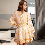 Fashion Temperament Casual Lantern Sleeve Skirt 2025 Summer New Design Printing Waist Short Dress Dress